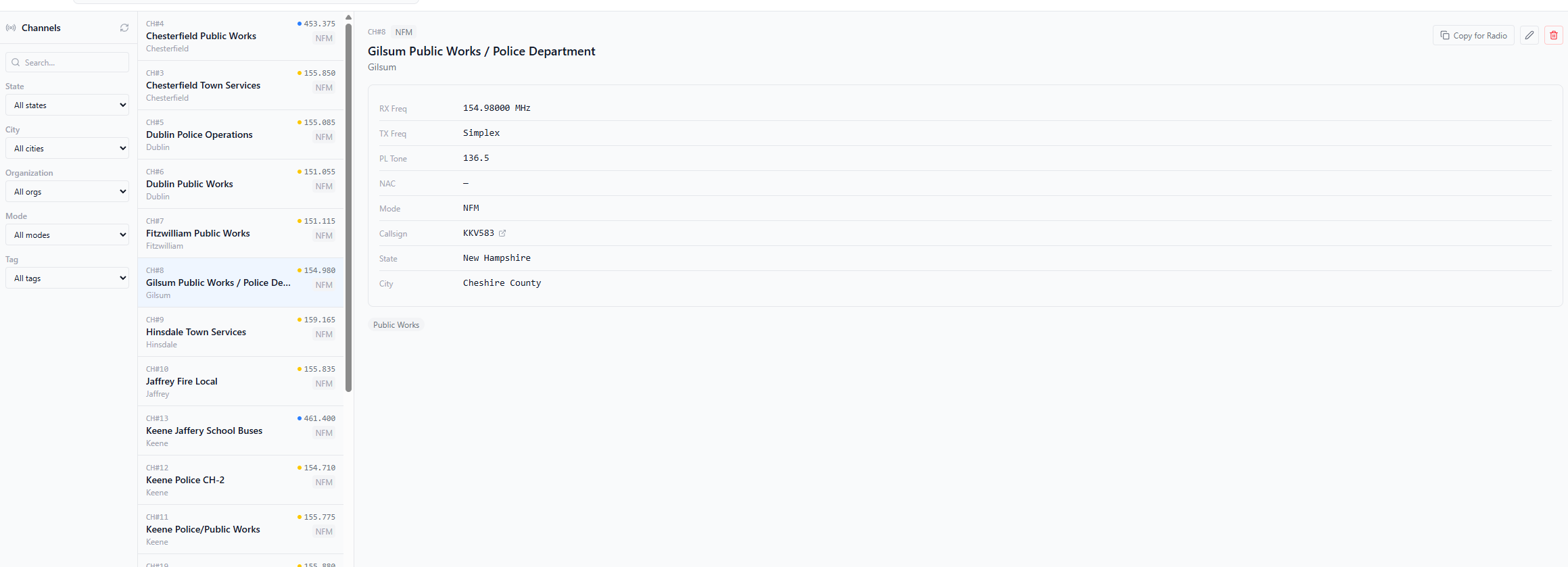 Channel frequency database