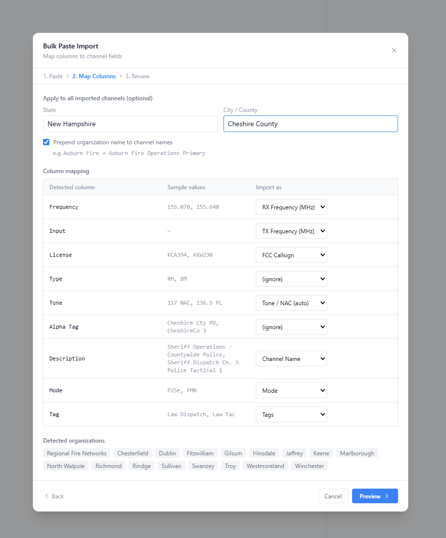 Bulk paste import with column mapping